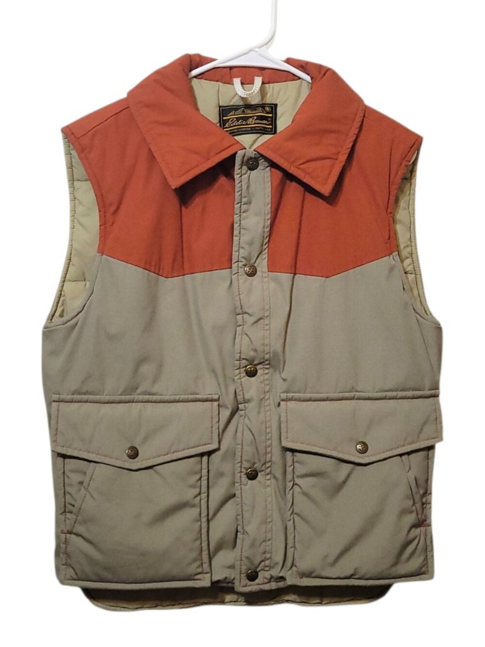 Vtg 80s Eddie Bauer  Mens Puffer Vest Tan & Rust Orange Snap Front Size Medium